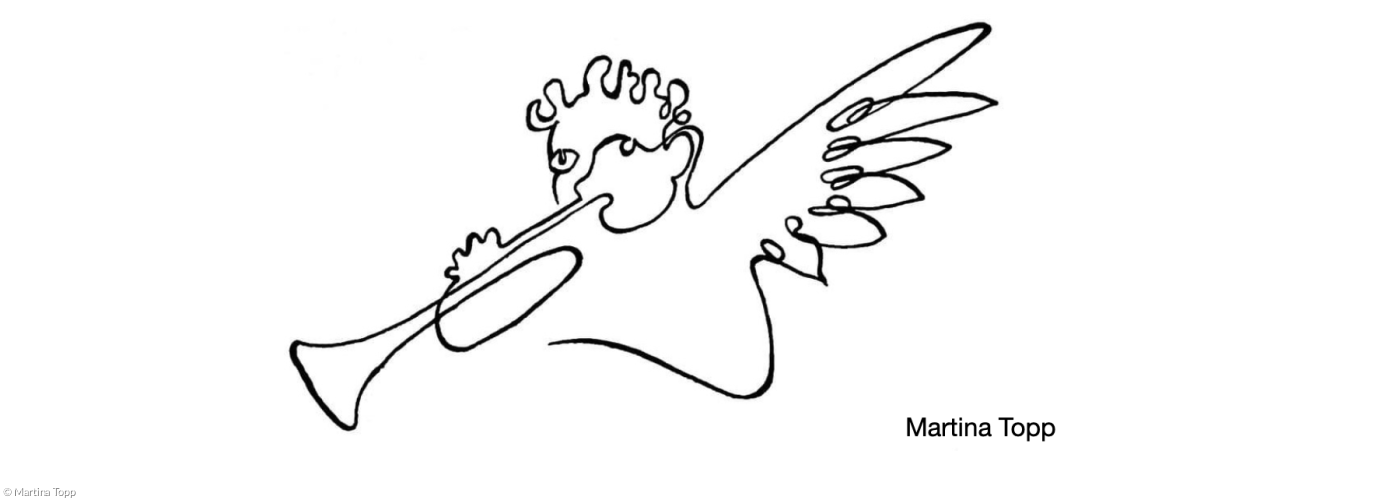 Engel an der Posaune schwarz weiß Zeichnung