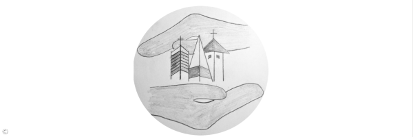 Segnende Hände über Logo